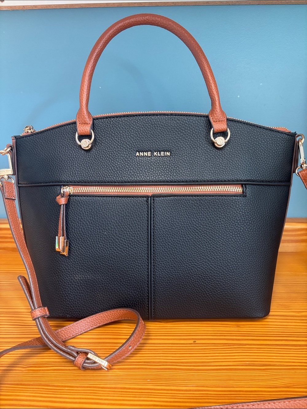 Anne Klein Black and Brown Two-Tone Pebbled Satchel